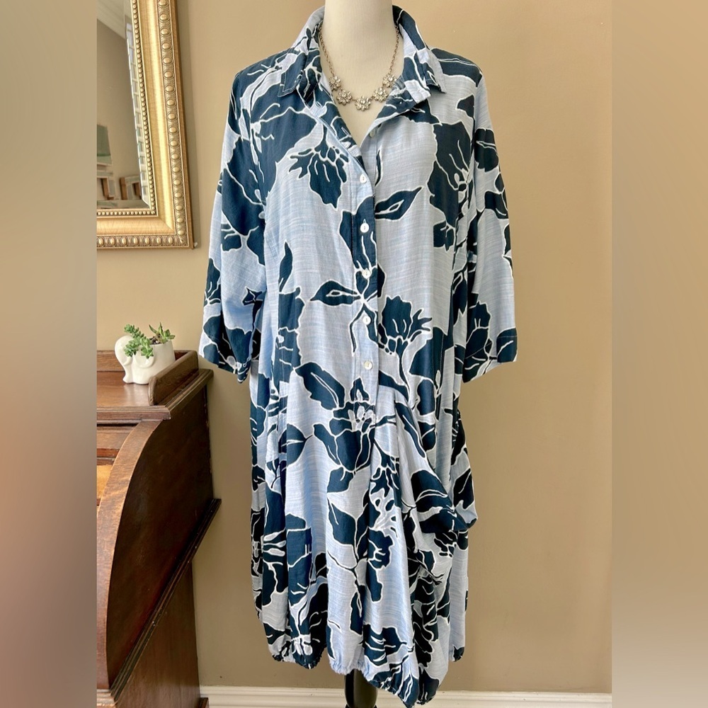 Alembika Blue Floral Wonderful Midi Dress One Pocket Shirt Dress Size 7 US 18-20